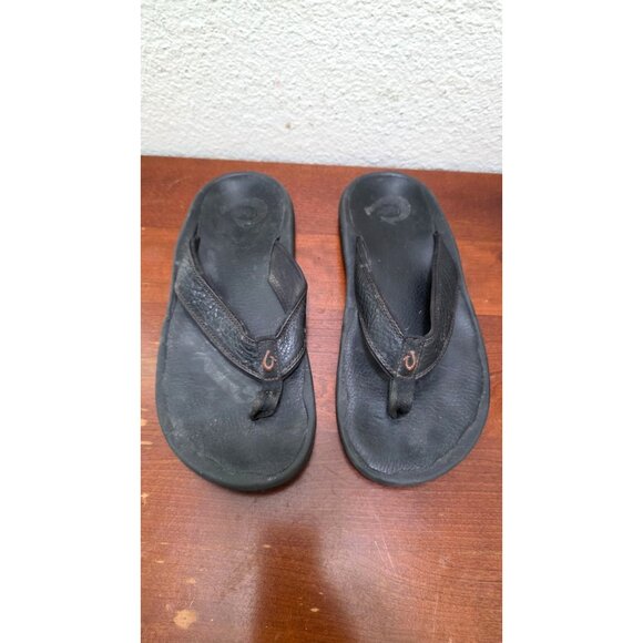 Olukai Black Leather Men's Thong Flip Flop Sandals Rubber Outsole Size 9M - Picture 2 of 8